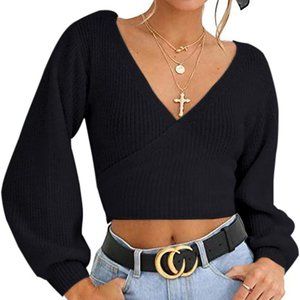 LOMON Women's Knitted Crop Deep V-Neck Sweater